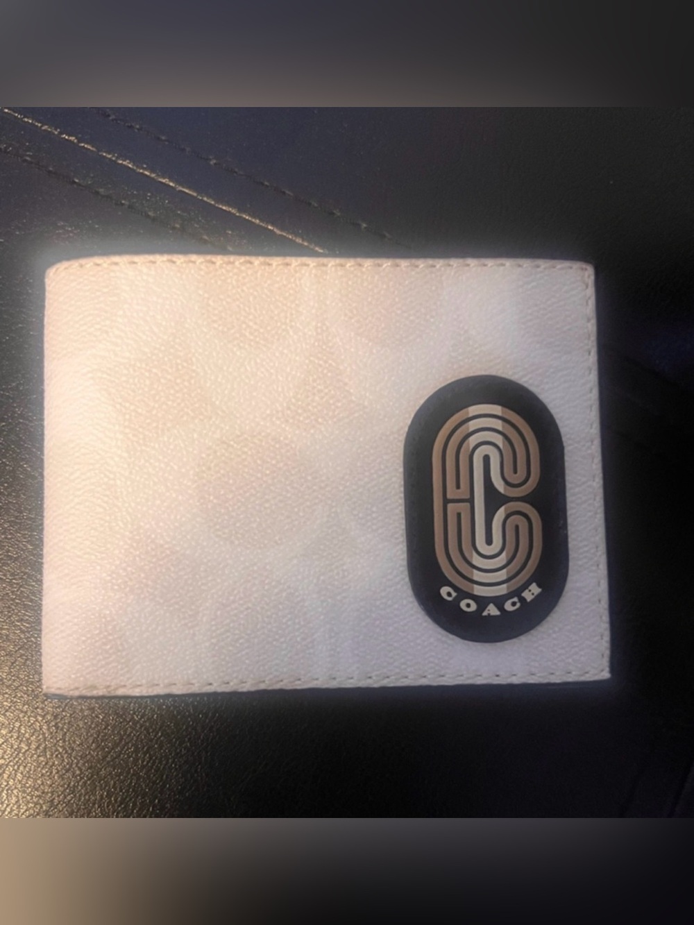 Coach White Signature Bi-Fold Wallet with Black and Gold Logo Patch